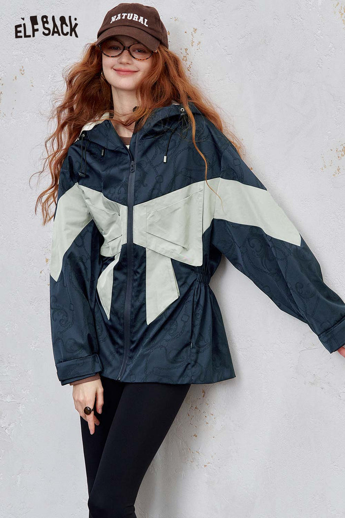 ELFSACK Soft Waist Cinch Bow Figure Patchwork Loose Hooded Jacket