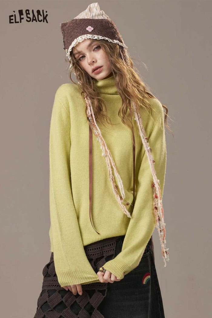 ELFSACK Soft Wool Turtleneck Sweater Solid Color Versatile