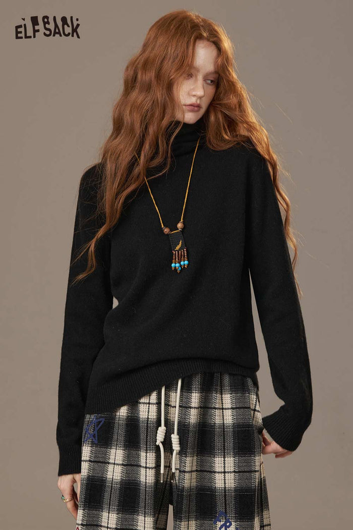 ELFSACK Soft Wool Turtleneck Sweater Solid Color Versatile