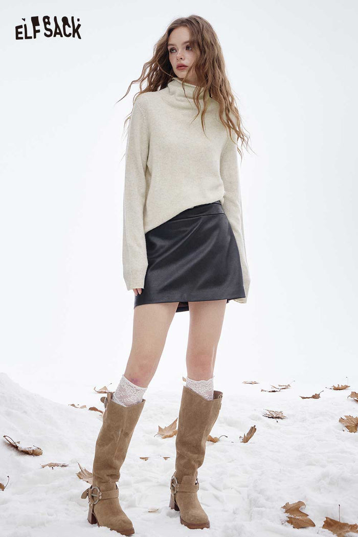 ELFSACK Soft Wool Turtleneck Sweater Solid Color Versatile