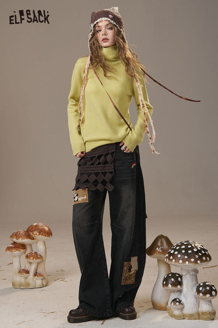 ELFSACK Soft Wool Turtleneck Sweater Solid Color Versatile