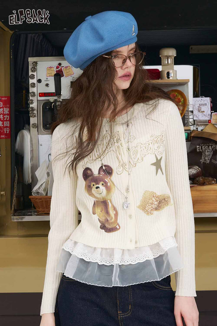 ELFSACK Solid Graphic Print Knit Cardigan Autumn Stretch Slim Fit Design Open Front
