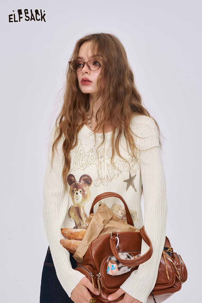 ELFSACK Solid Graphic Print Knit Cardigan Autumn Stretch Slim Fit Design Open Front