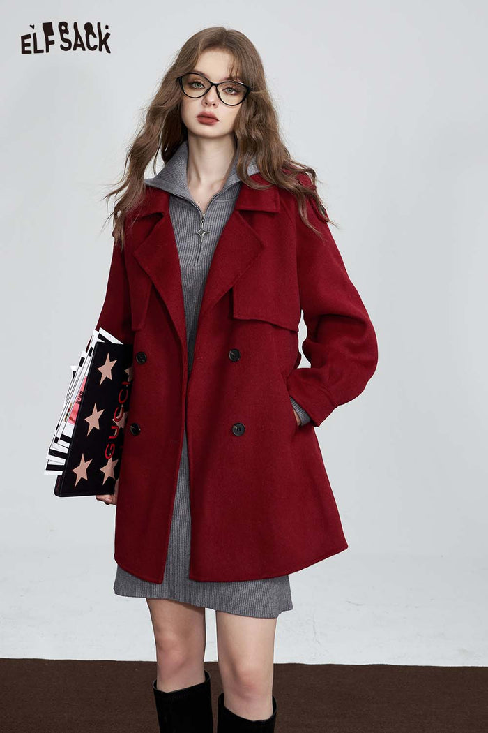 ELFSACK Solid Mid Length Wool Blend Trench Coat Smart Office Wear