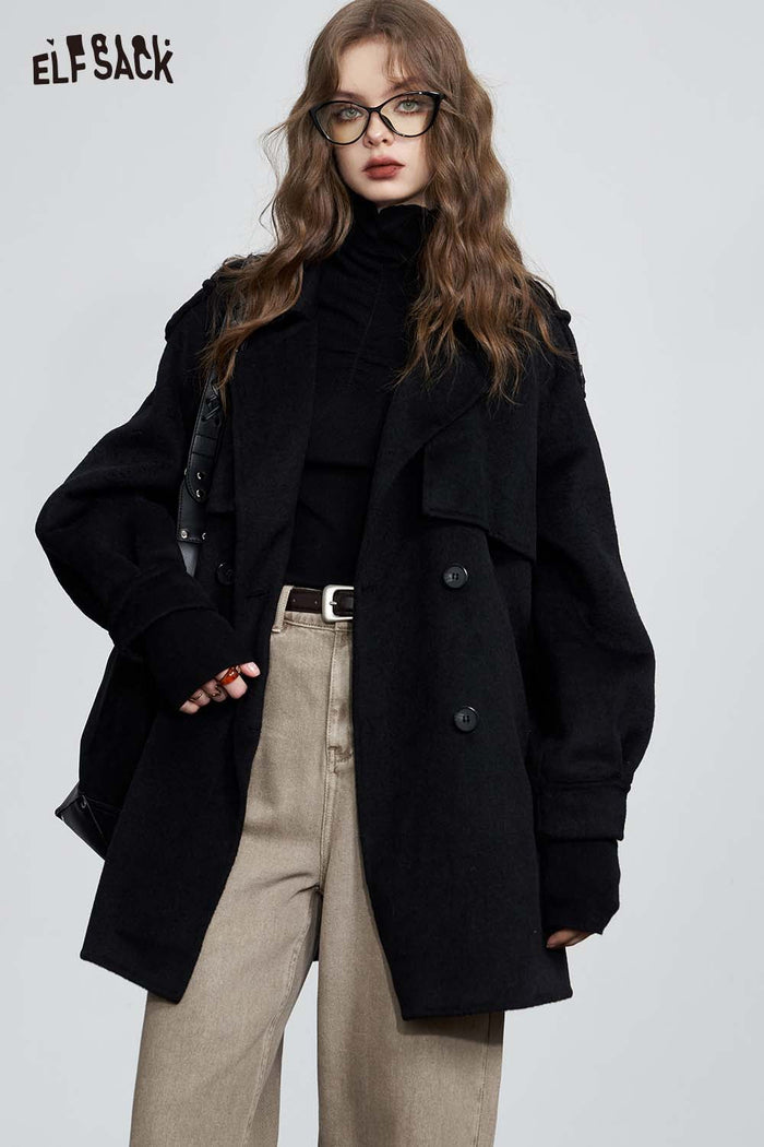 ELFSACK Solid Mid Length Wool Blend Trench Coat Smart Office Wear
