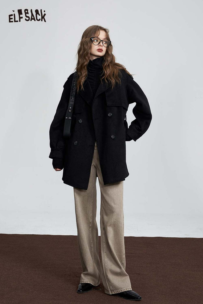 ELFSACK Solid Mid Length Wool Blend Trench Coat Smart Office Wear