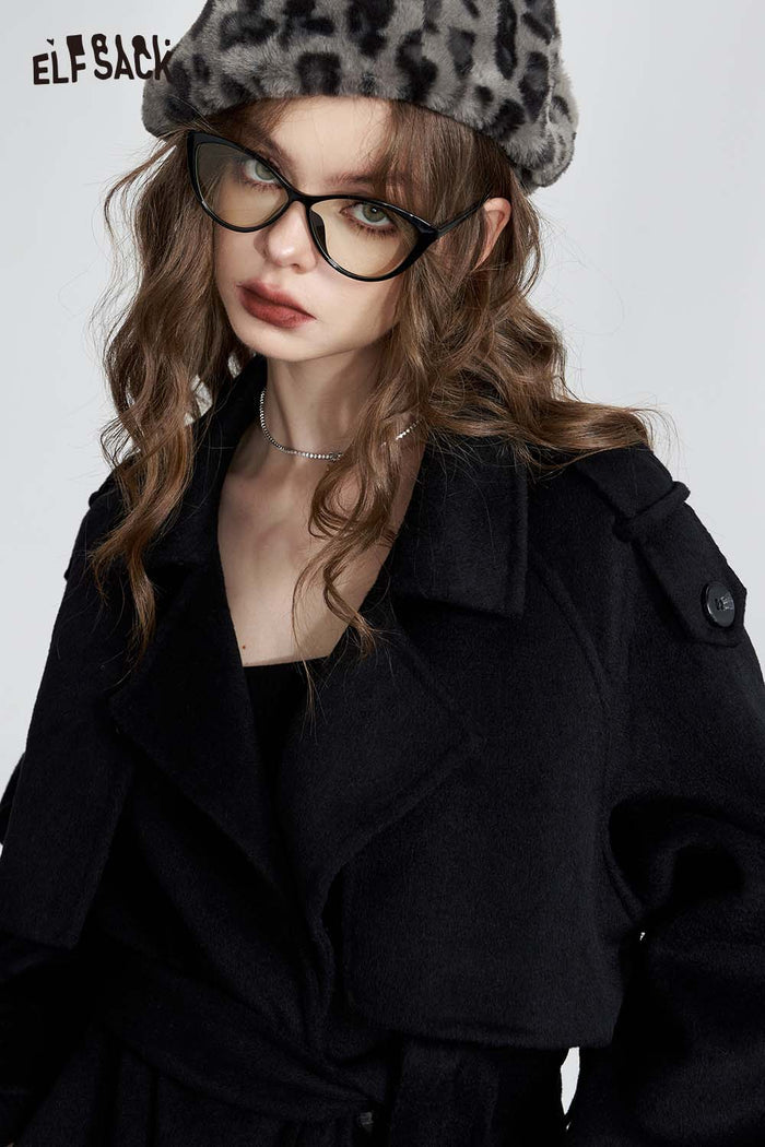 ELFSACK Solid Mid Length Wool Blend Trench Coat Smart Office Wear