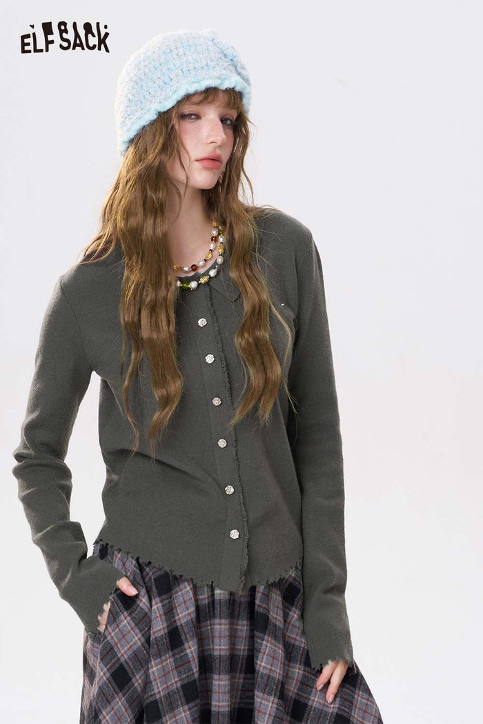 ELFSACK Solid Single Breasted Peter Pan Collar Knitwear