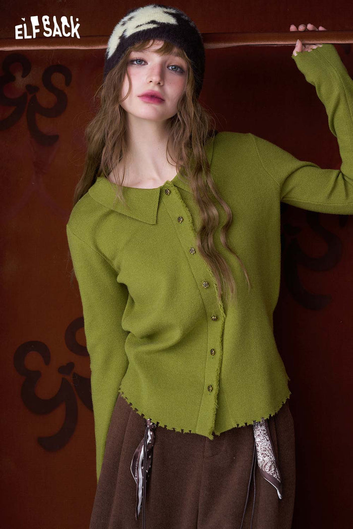 ELFSACK Solid Single Breasted Peter Pan Collar Knitwear