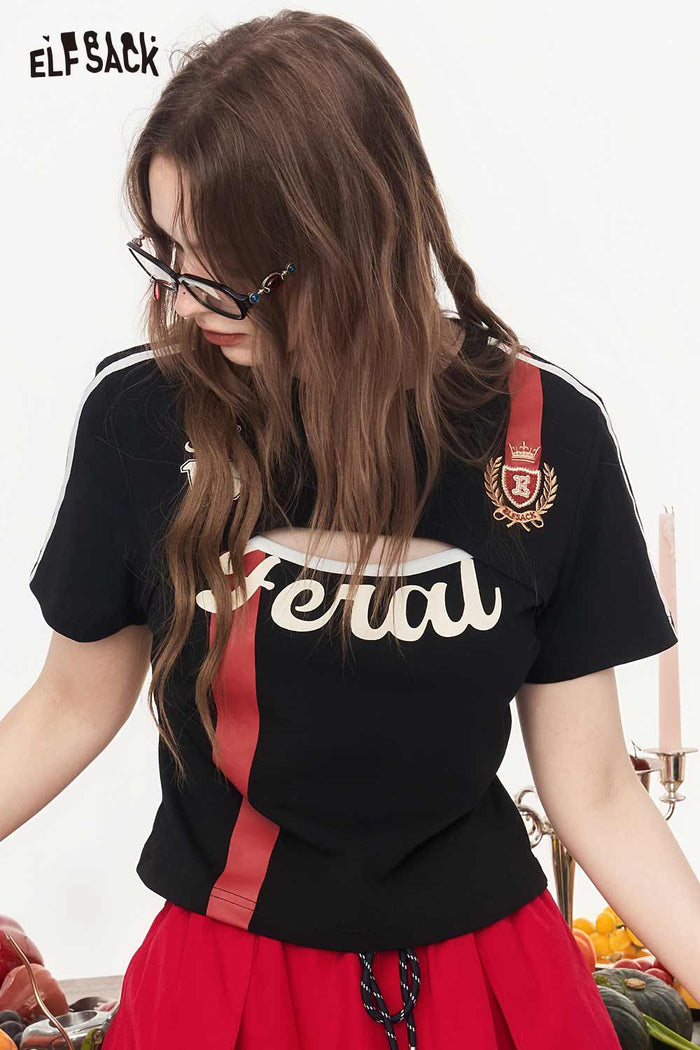 ELFSACK Sporty Jersey Style Cropped Layered T-shirt