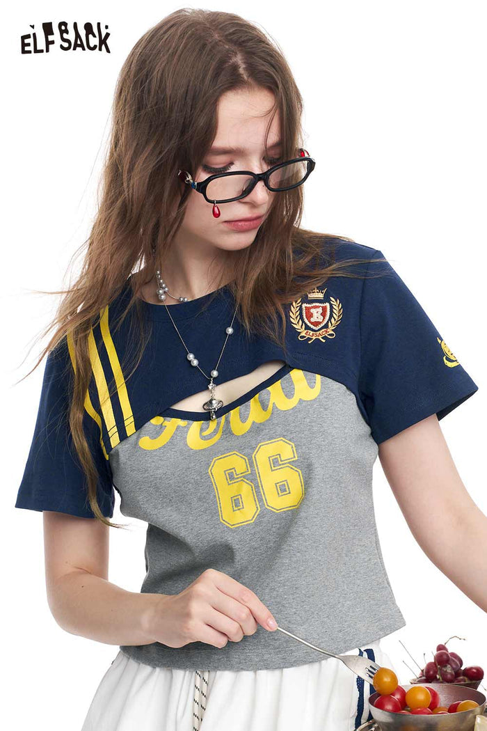 ELFSACK Sporty Jersey Style Cropped Layered T-shirt