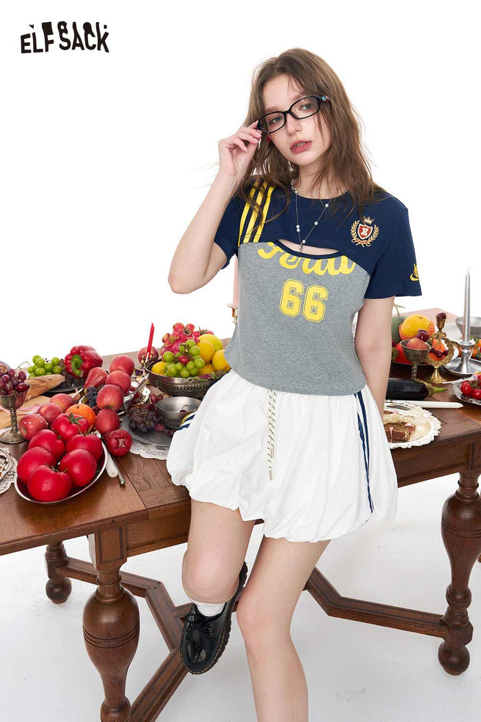 ELFSACK Sporty Jersey Style Cropped Layered T-shirt