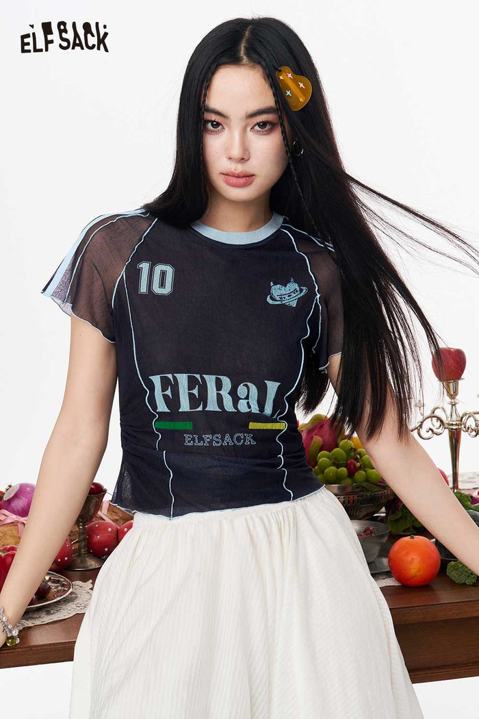 ELFSACK Sporty Jersey Style Number Print T-shirt