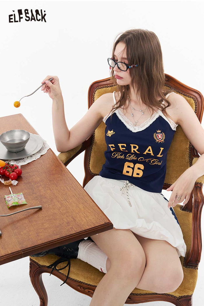 ELFSACK Sporty Number Print Lace Trim Cami Top