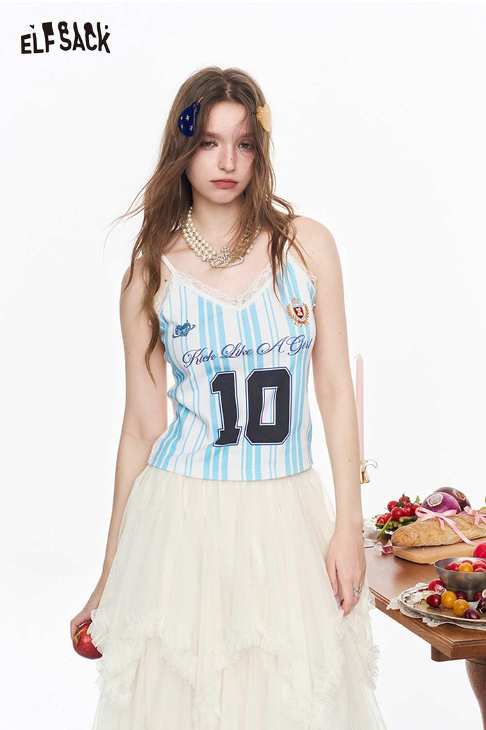 ELFSACK Sporty Number Print Lace Trim Cami Top