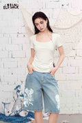 ELFSACK Square Neck Ruched Fitted Short Sleeve Top