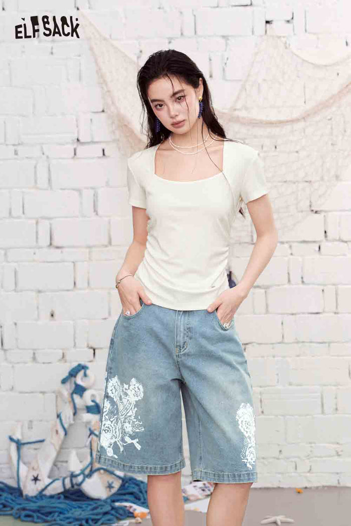 ELFSACK Square Neck Ruched Fitted Short Sleeve Top