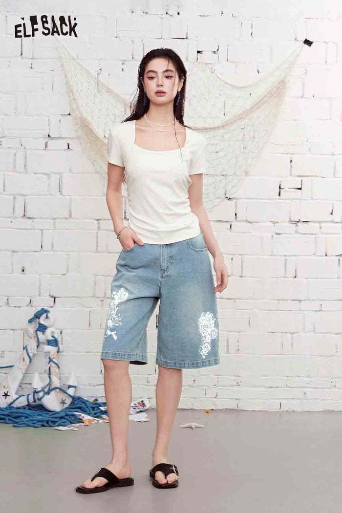 ELFSACK Square Neck Ruched Fitted Short Sleeve Top