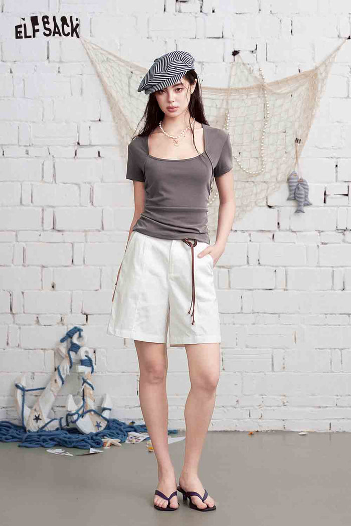 ELFSACK Square Neck Ruched Fitted Short Sleeve Top