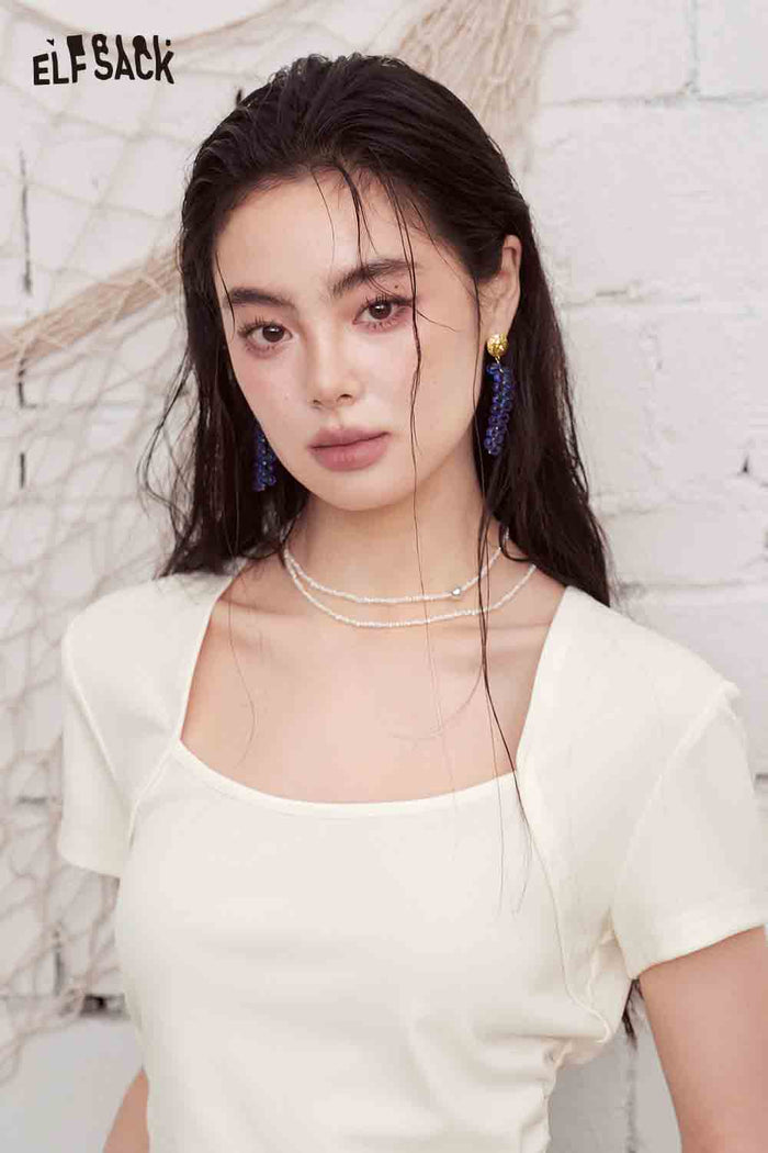 ELFSACK Square Neck Ruched Fitted Short Sleeve Top