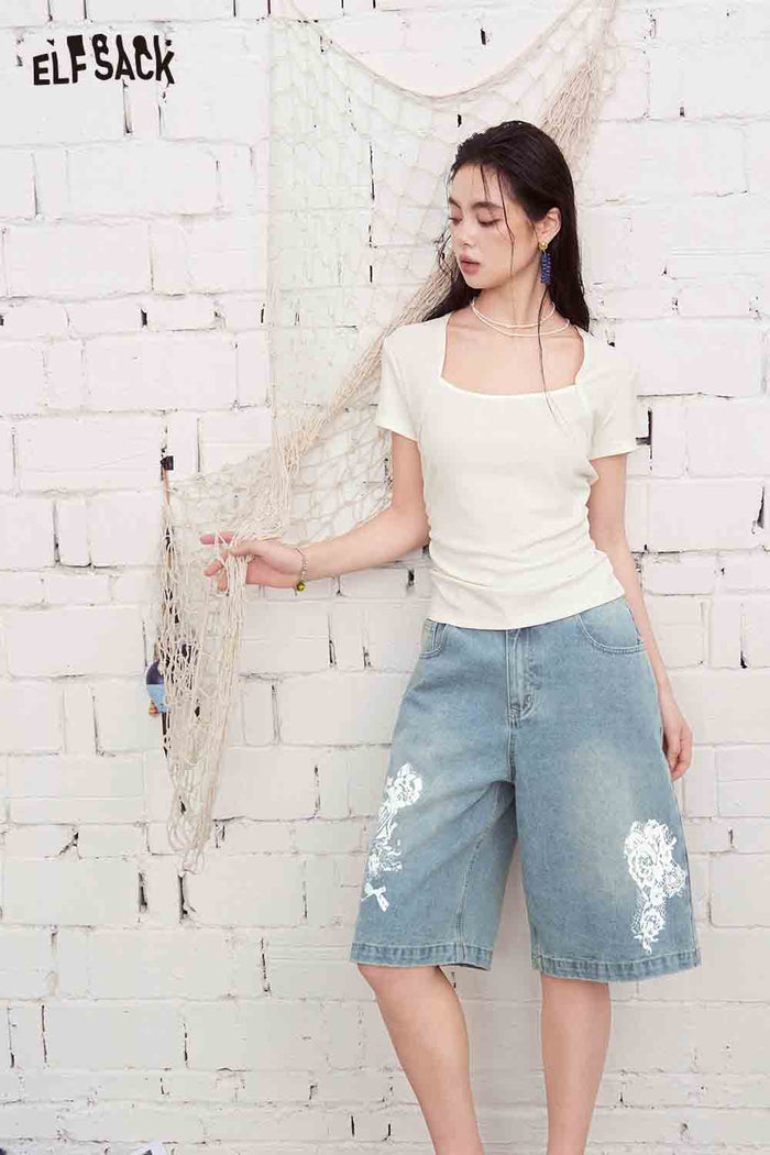 ELFSACK Square Neck Ruched Fitted Short Sleeve Top