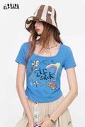 ELFSACK Square Neck Ruched Floral Print Tee
