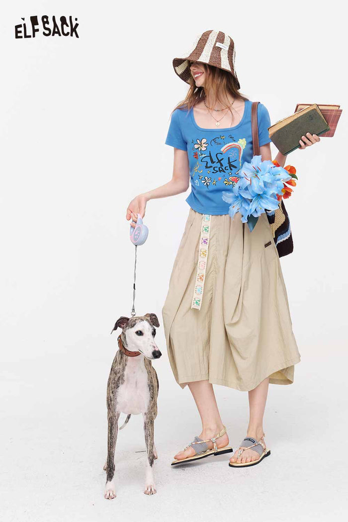 ELFSACK Square Neck Ruched Floral Print Tee