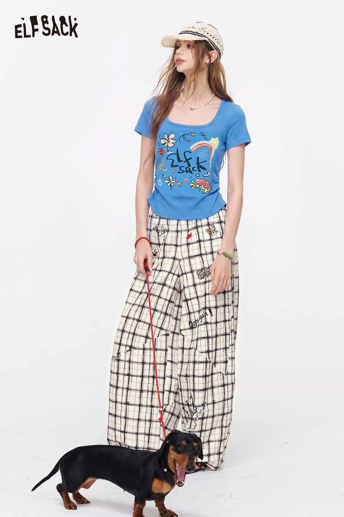 ELFSACK Square Neck Ruched Floral Print Tee