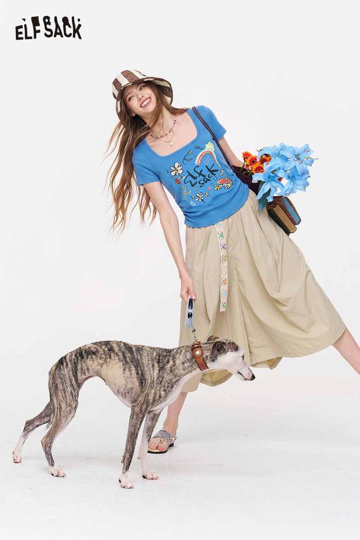 ELFSACK Square Neck Ruched Floral Print Tee