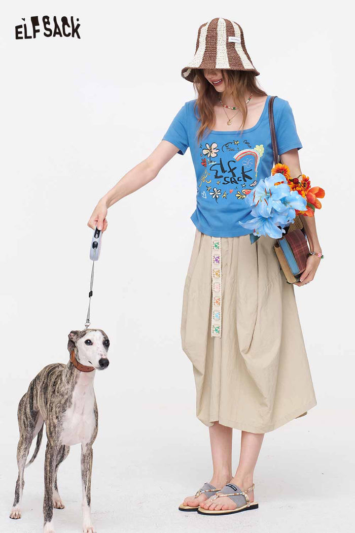 ELFSACK Square Neck Ruched Floral Print Tee