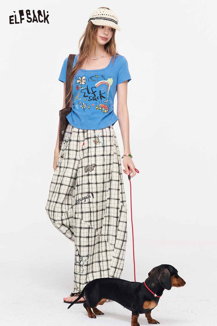 ELFSACK Square Neck Ruched Floral Print Tee