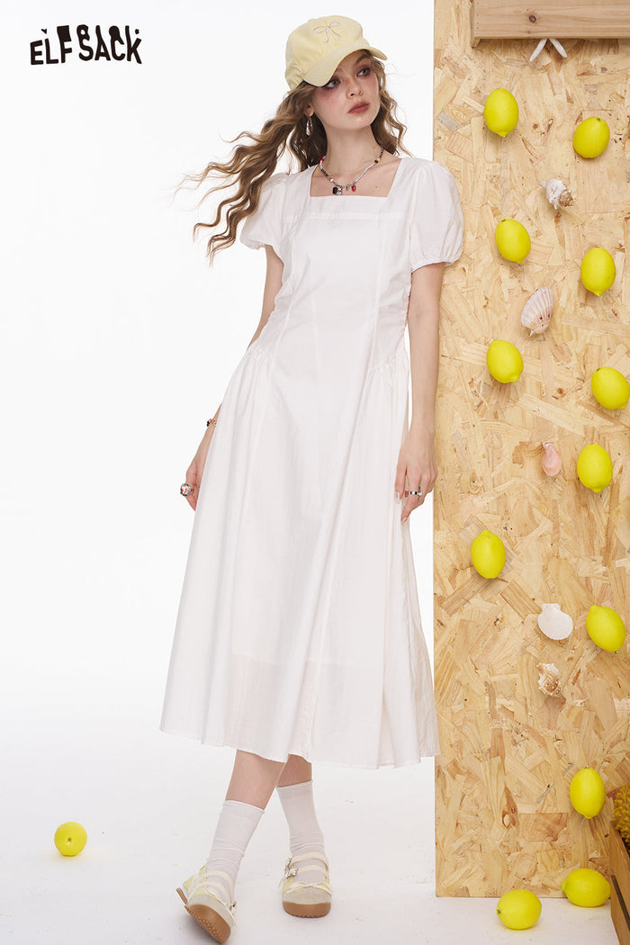 ELFSACK Square Neck White Bubble Sleeve Mid Length Dress