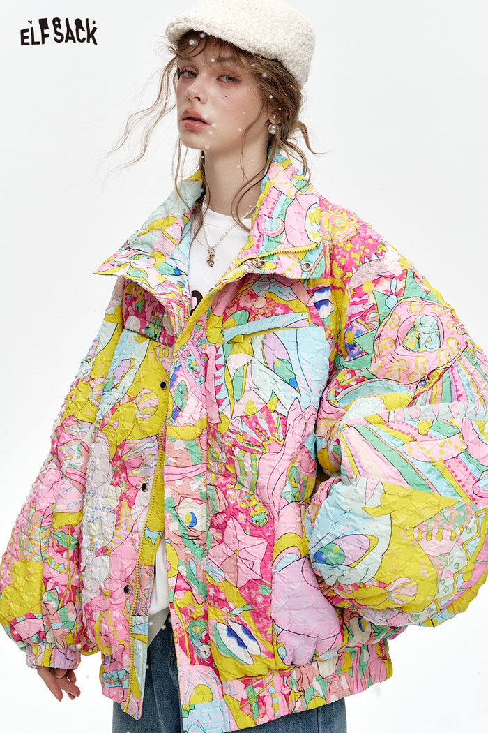 ELFSACK Stand collar loose full printed short down jacket