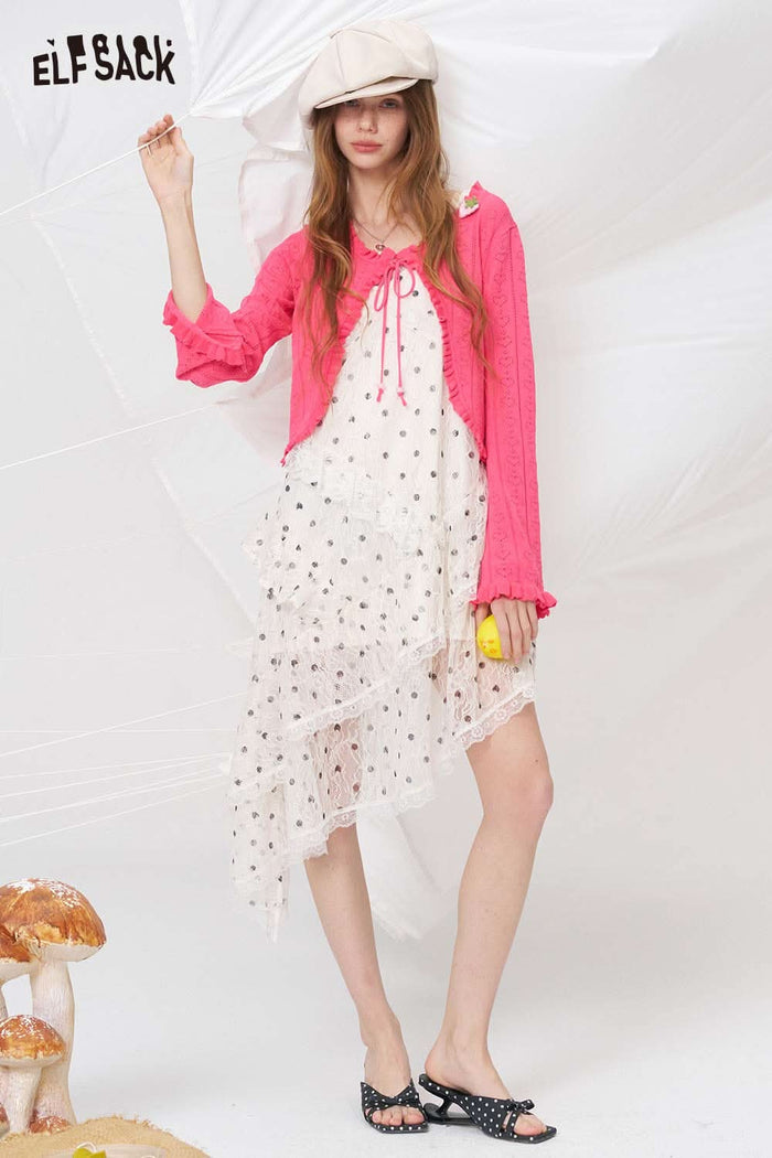 ELFSACK Strawberry Applique Ruffle Knit Cardigan
