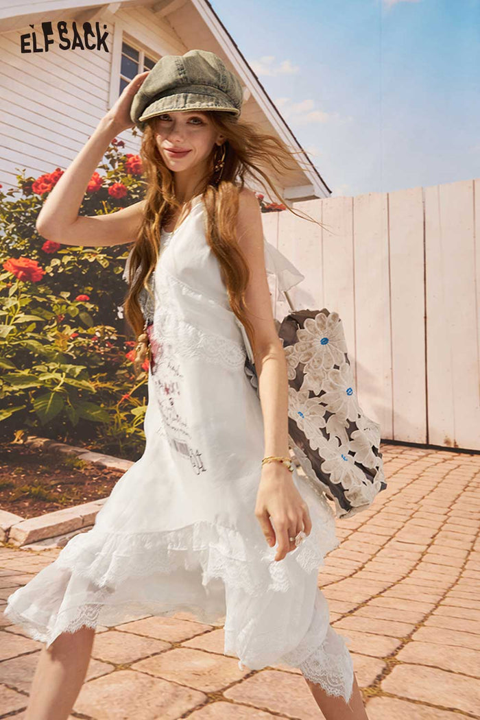 ELFSACK Strawberry Asymmetric Lace Tank Dress