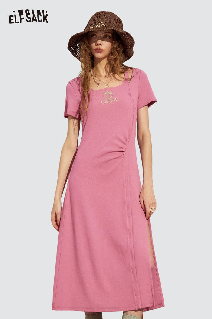 ELFSACK Strawberry Embroidery Slit Ribbed Dress