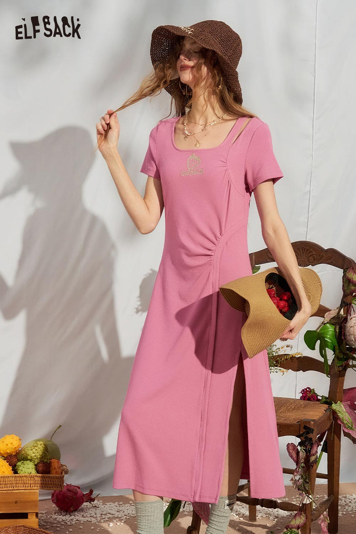 ELFSACK Strawberry Embroidery Slit Ribbed Dress