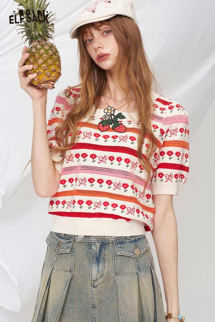 ELFSACK Strawberry Flower Striped Puff Sleeve Knitted Top