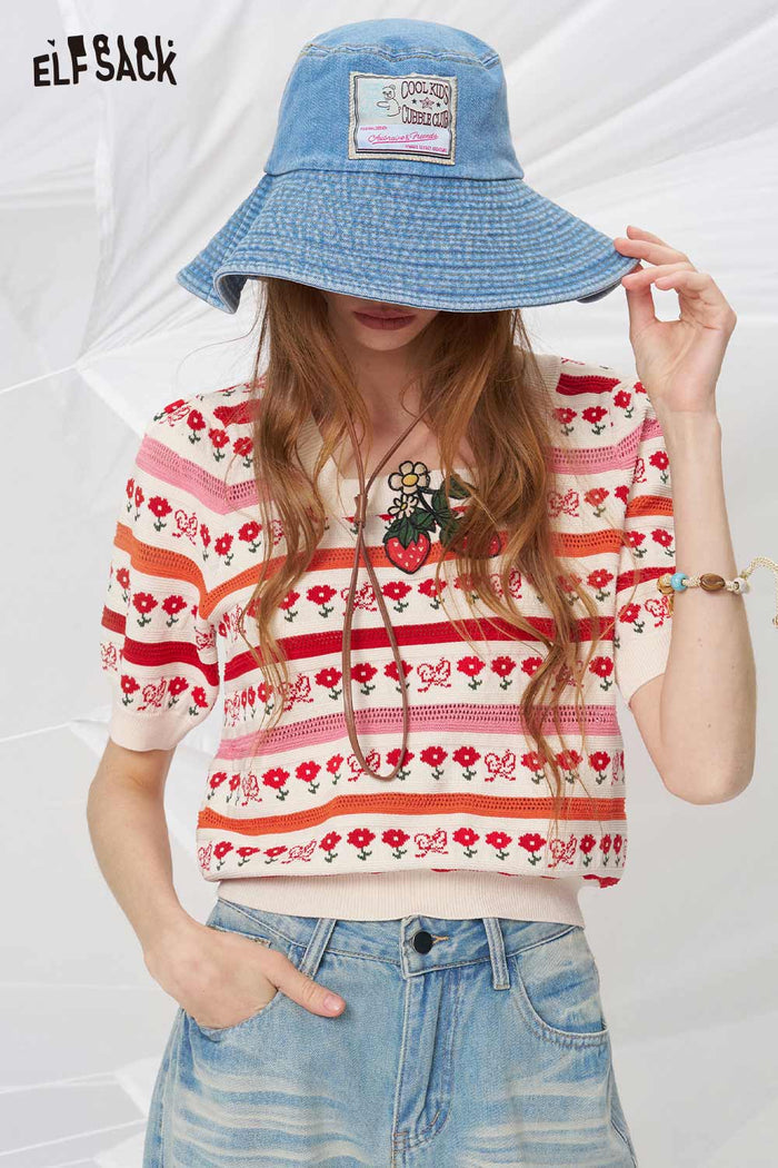 ELFSACK Strawberry Flower Striped Puff Sleeve Knitted Top