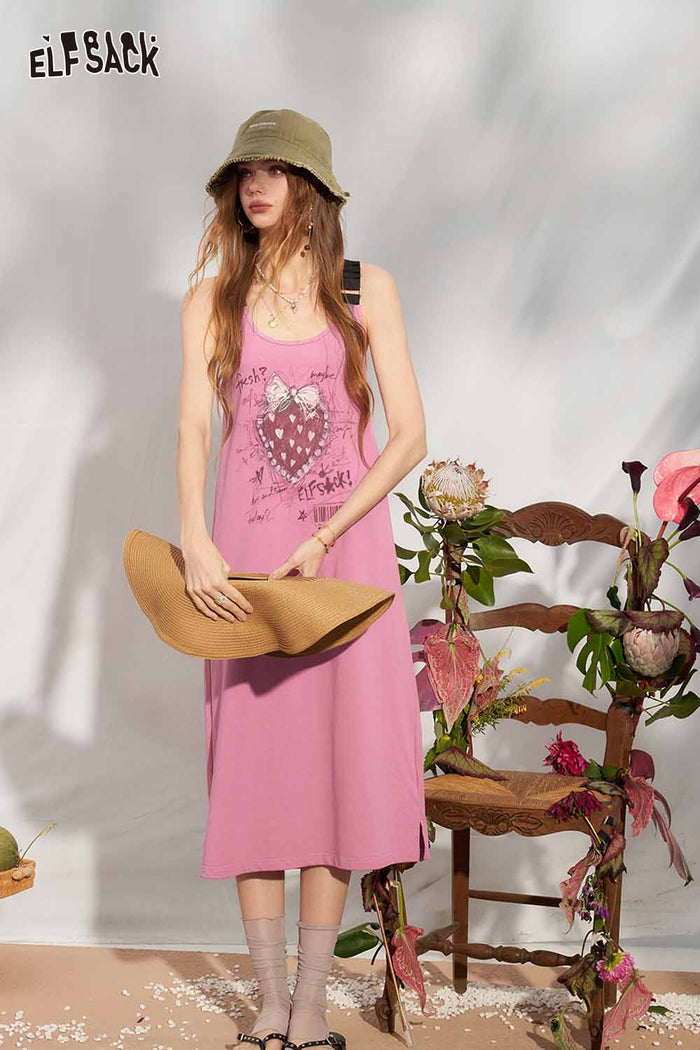 ELFSACK Strawberry Graffiti A-Line Punk Overall Dress