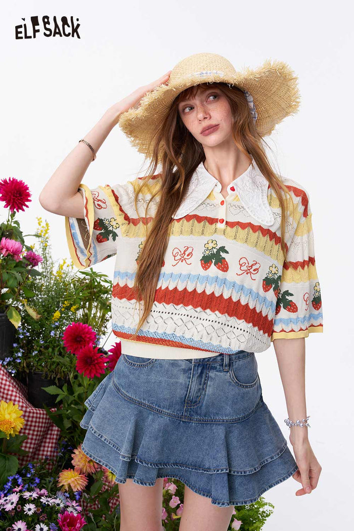 ELFSACK Strawberry Lace Collar Knit Top