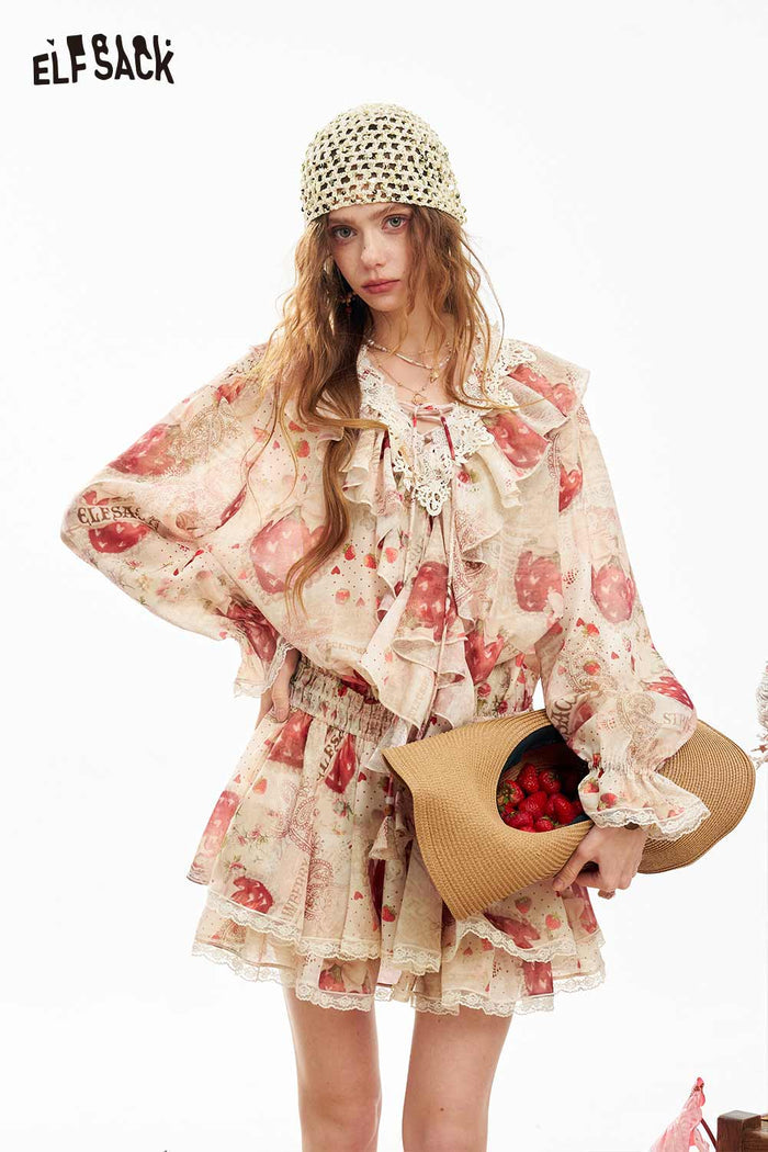 ELFSACK Strawberry Lace Lace-Up Mini Dress