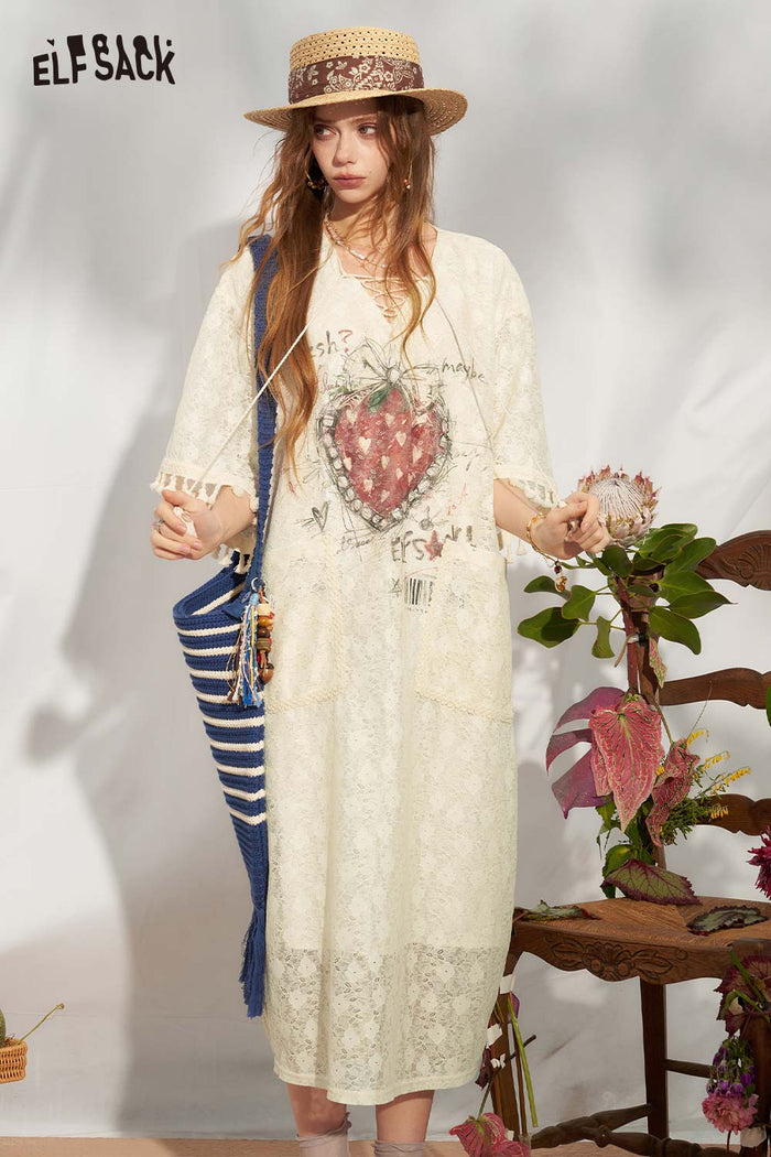 ELFSACK Strawberry Lace Tassel Gothic Midi Dress