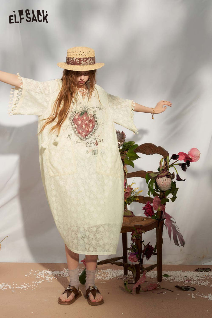 ELFSACK Strawberry Lace Tassel Gothic Midi Dress