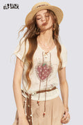 ELFSACK Strawberry Lace-Up Puff Sleeve Knit Tee