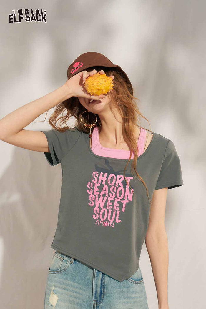 ELFSACK Strawberry Letter Print Ribbed Knit Tee