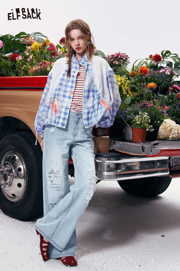 ELFSACK Strawberry Plaid Lace Patchwork Jacket