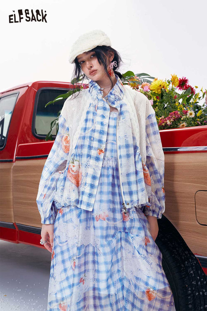 ELFSACK Strawberry Plaid Lace Patchwork Jacket