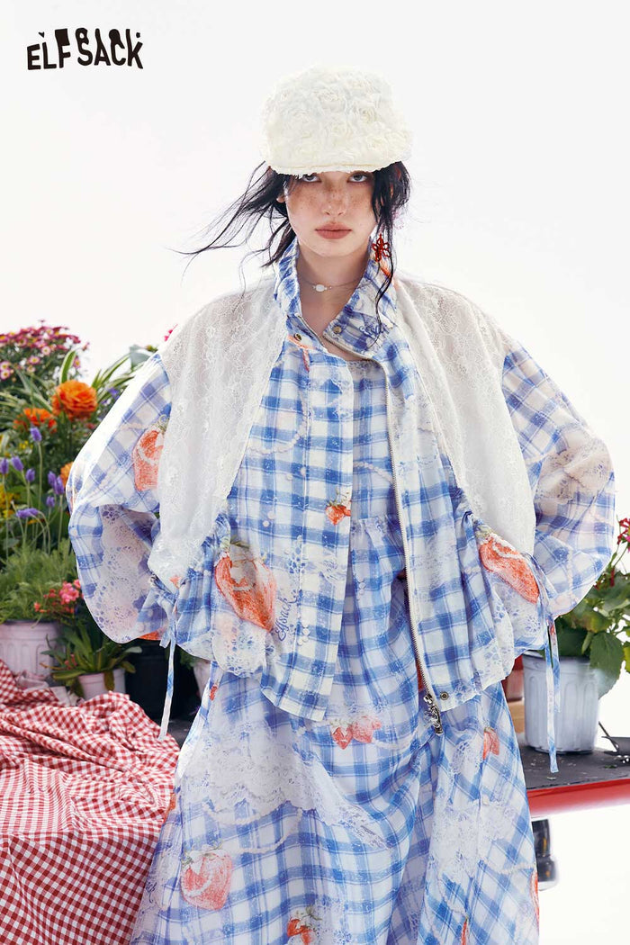 ELFSACK Strawberry Plaid Lace Patchwork Jacket
