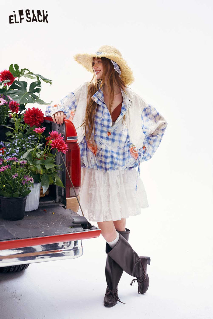 ELFSACK Strawberry Plaid Lace Patchwork Jacket